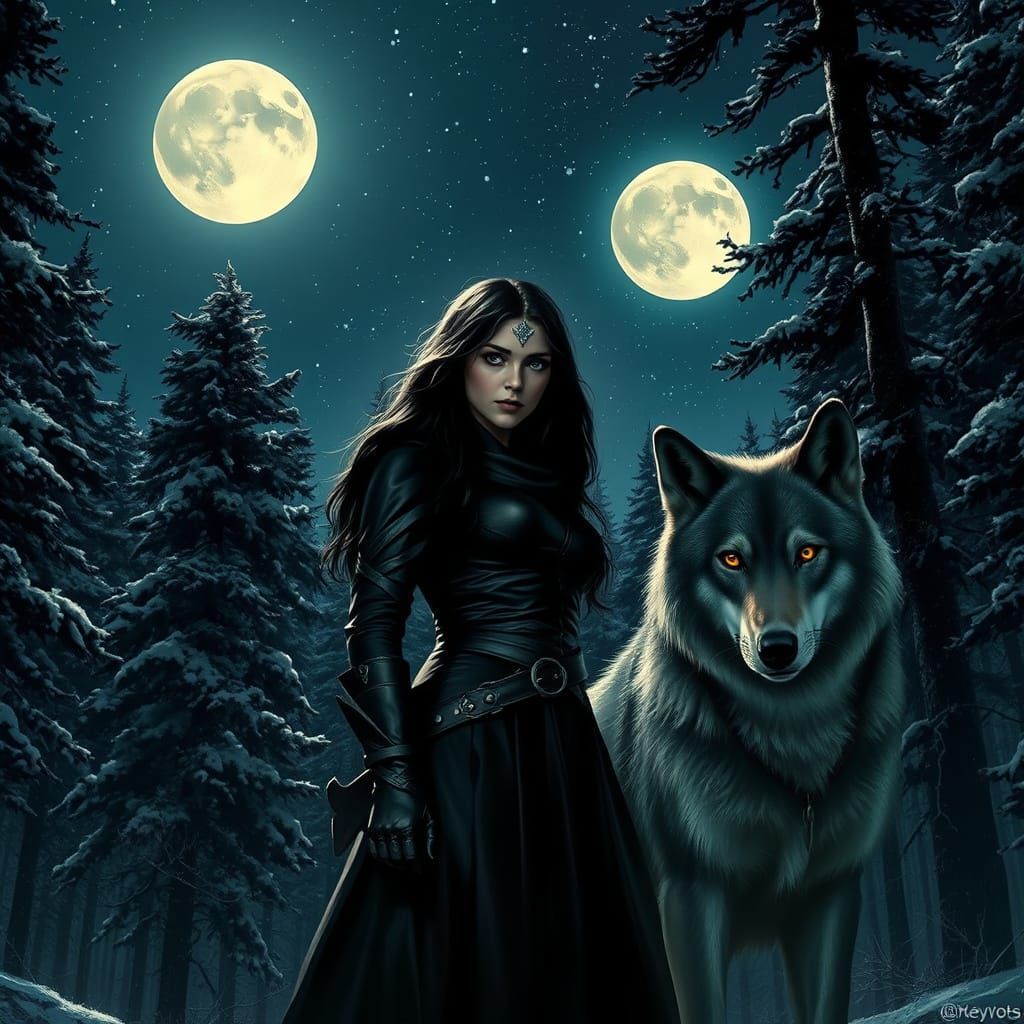 Dark Haired Woman and Wolf in Snowy Forest Under Starry Sky
