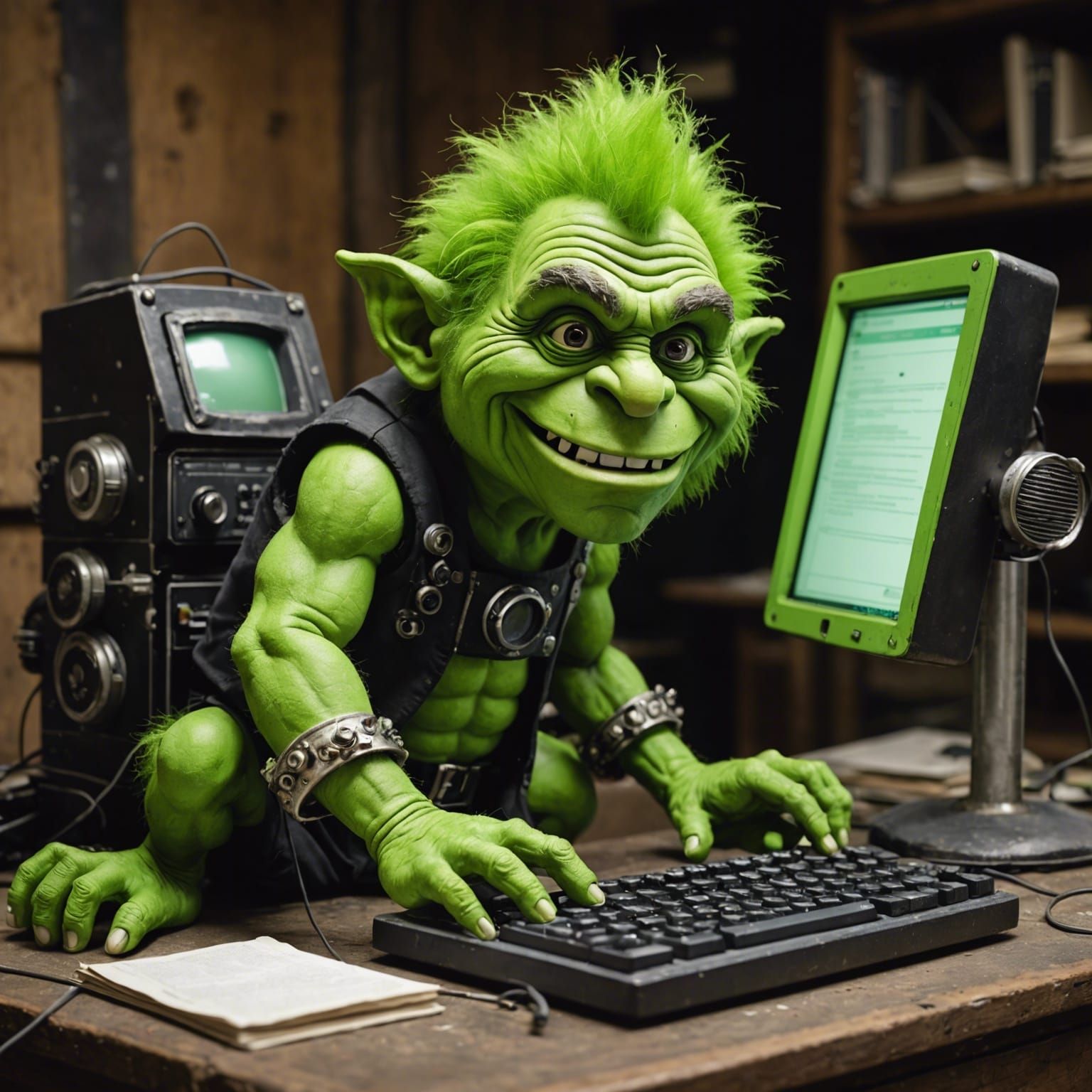 Green Troll at Computer: Digital Art Illustration