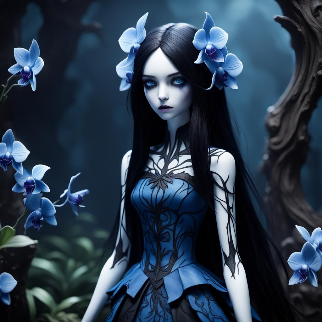 Demonic Porcelain Doll with Orchid and Black Hair
