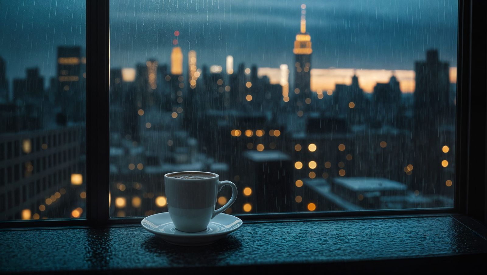 Nighttime Coffee in Rainy New York: Cinematic Still