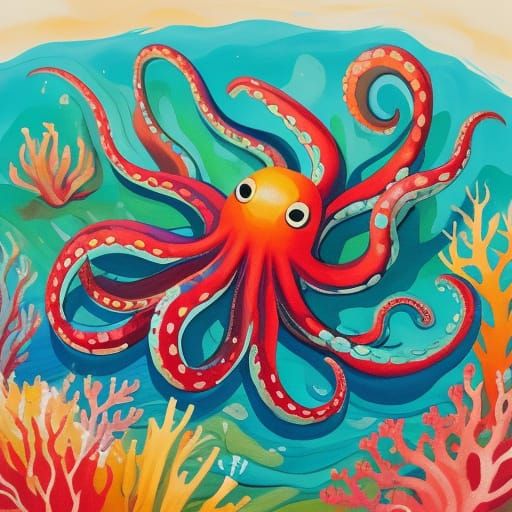 Cute Octopus Gouache Painting With Vibrant Colors