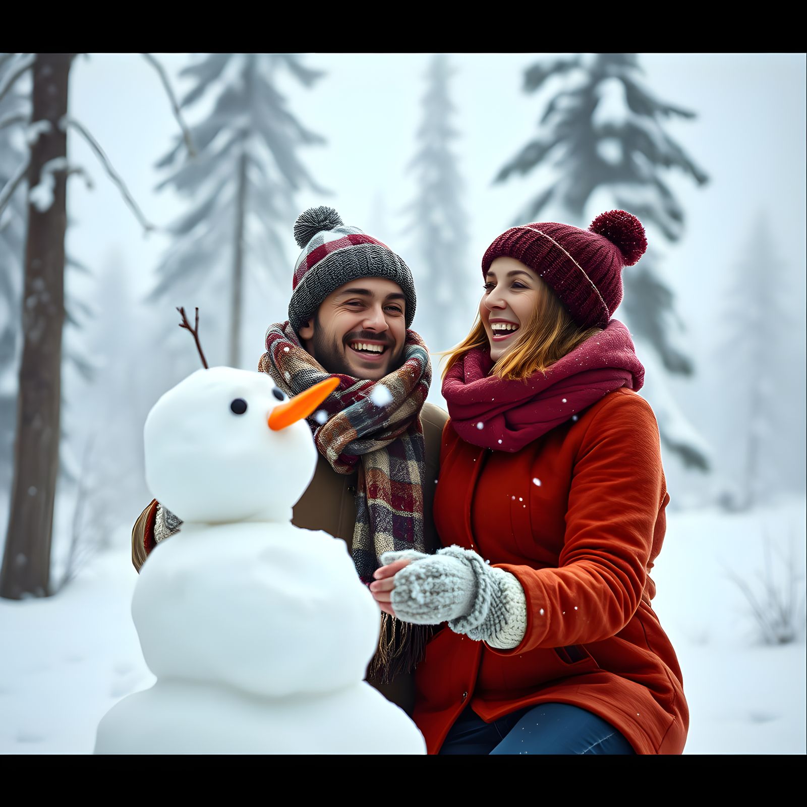 Couple Builds Snowman in Cinematic Film Still