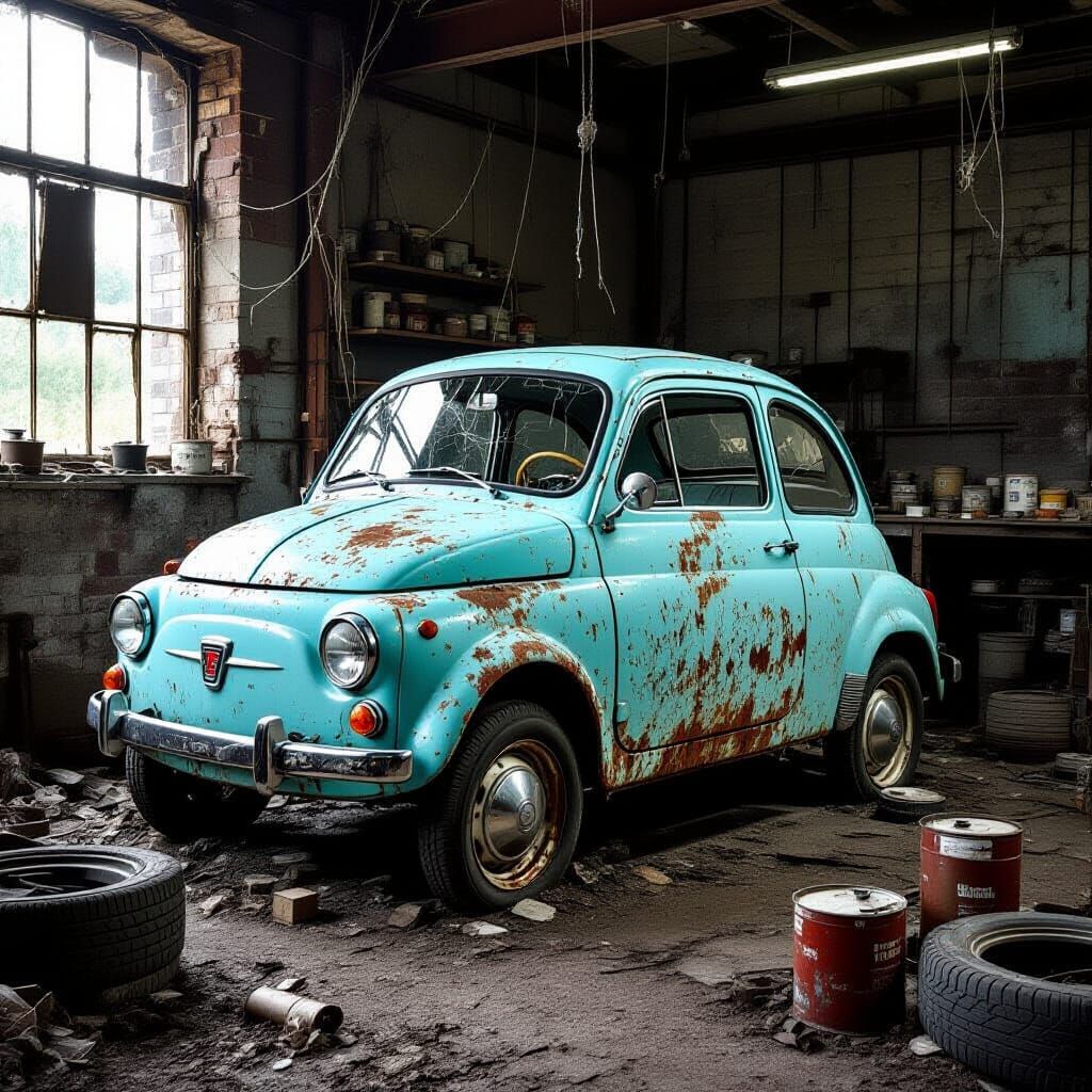 Abandoned 1960 Fiat 500 D in Derelict Workshop