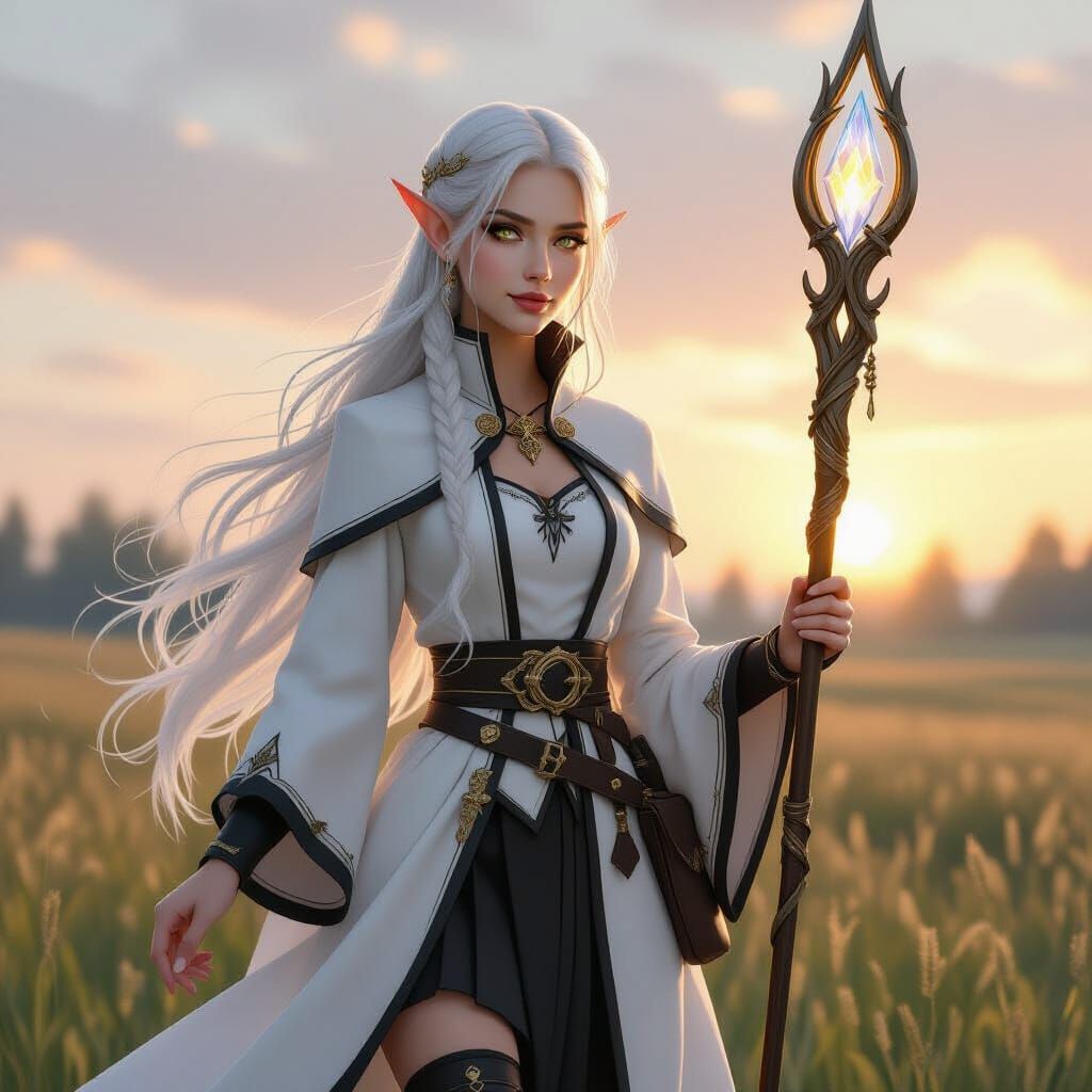 Elf Mage with Staff in Sunrise Meadow
