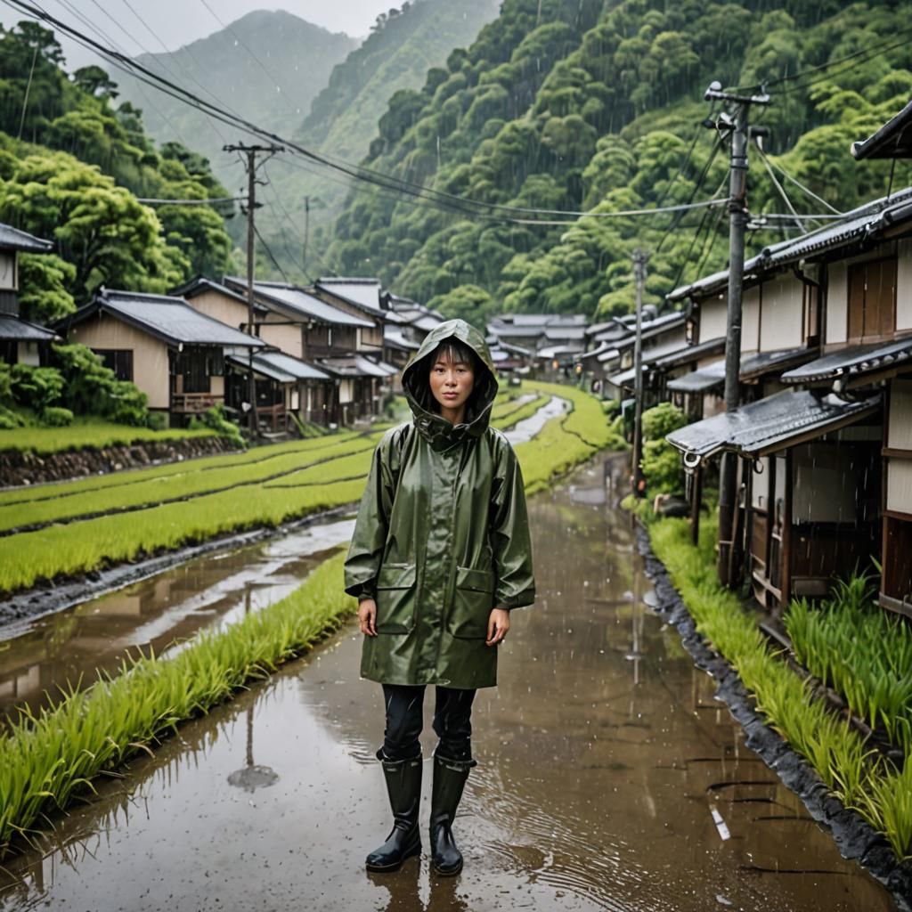 Japanese Woman in Rain in Mountainous Countryside