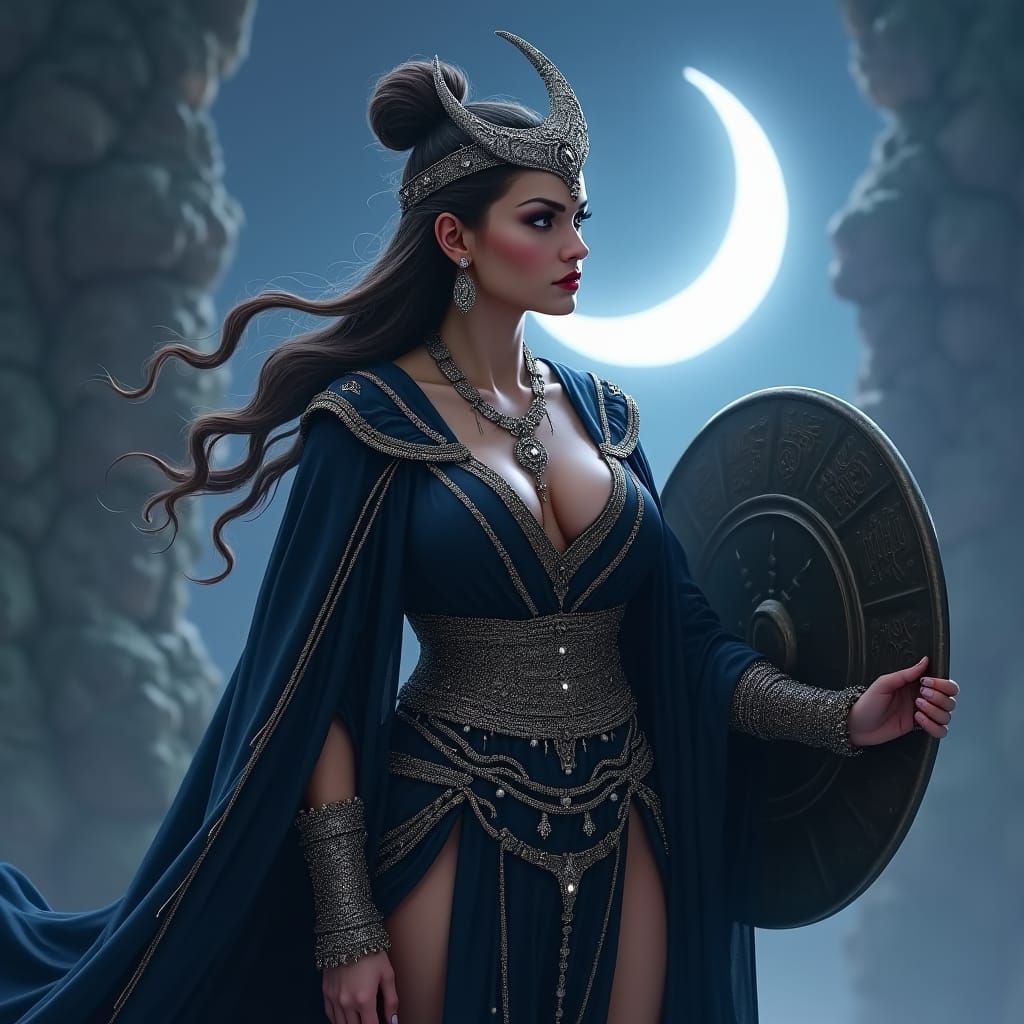 Regal Female Warrior in Lunar Light, Hyperrealistic Matte Pa...