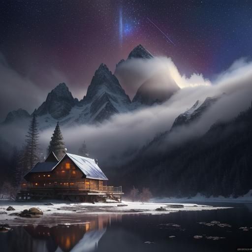 Mountain Cabin at Dusk in Gouache Style