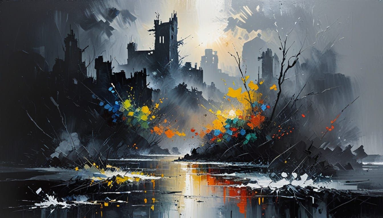 Emerging Village Shoreline in Expressive Impasto Oil Paintin...