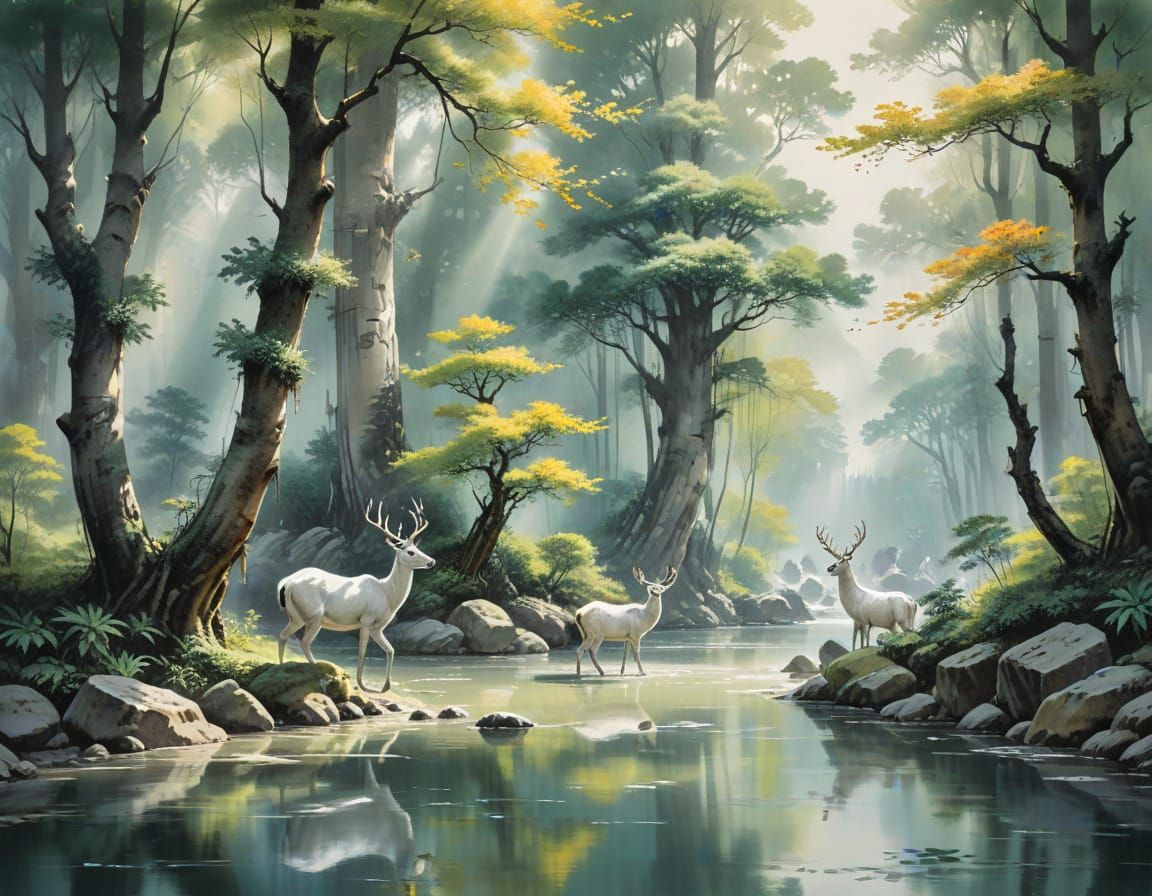 Lush Forest in Chinese Ink Painting Style