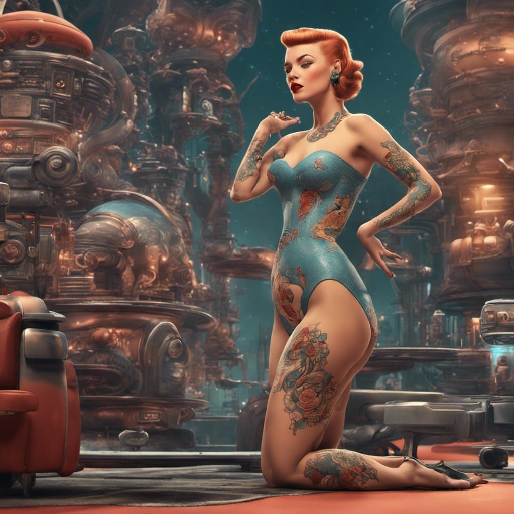 Futuristic 1950s Tattooed Women: Detailed Digital Art