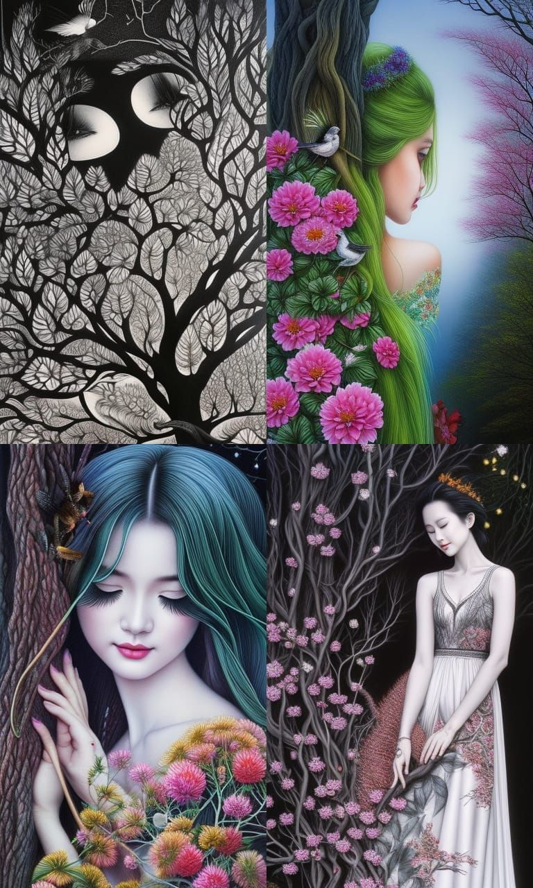 Girl Hugging Tree in Magic Realism Style