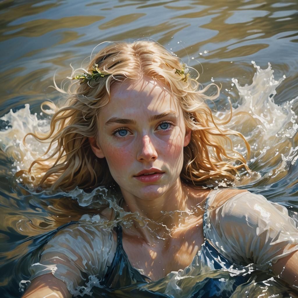 Blonde Woman Swimming in River as Impressionist Painting