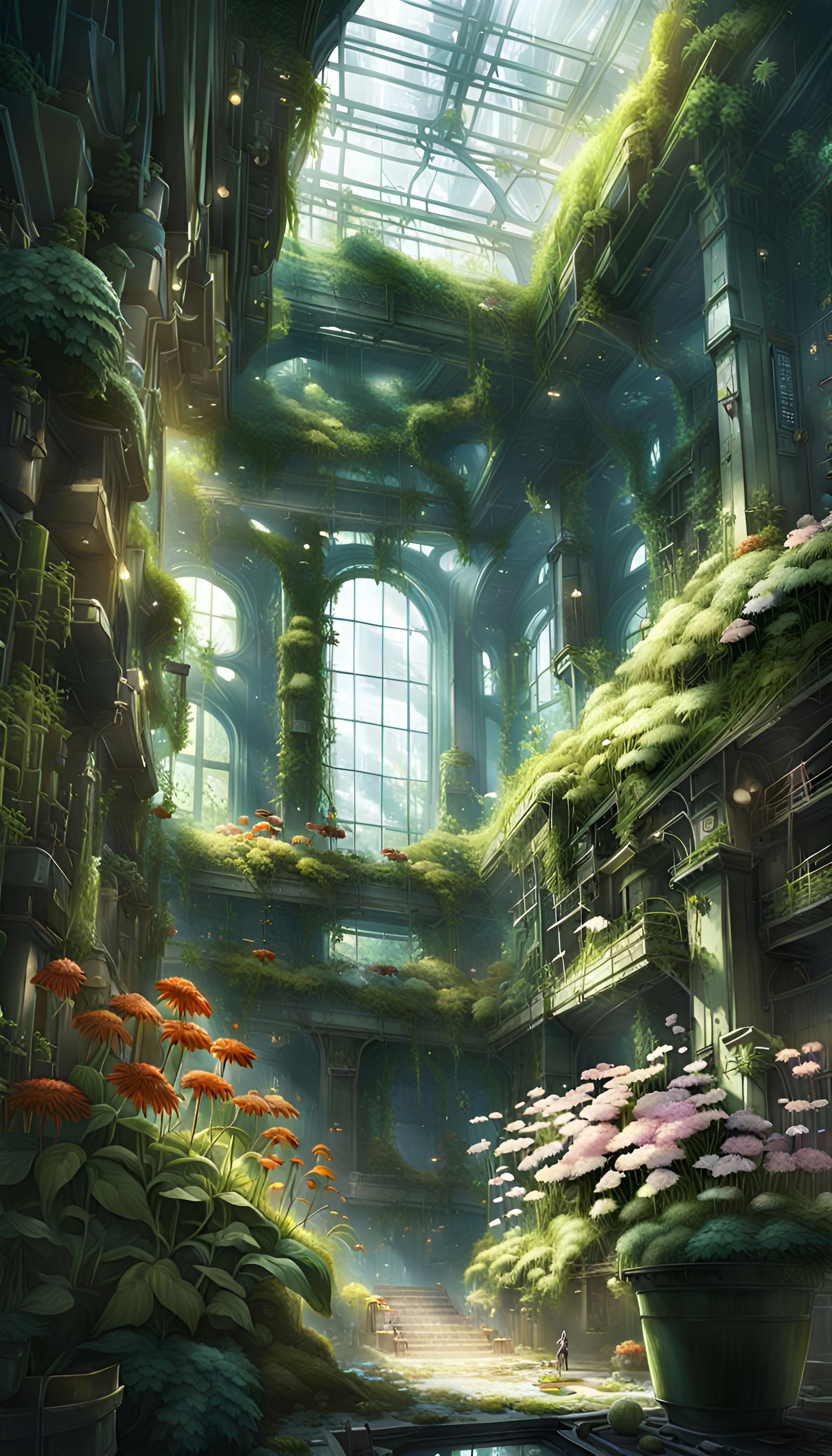 the inside of an ancient building with lots of plants and flowers growing inside