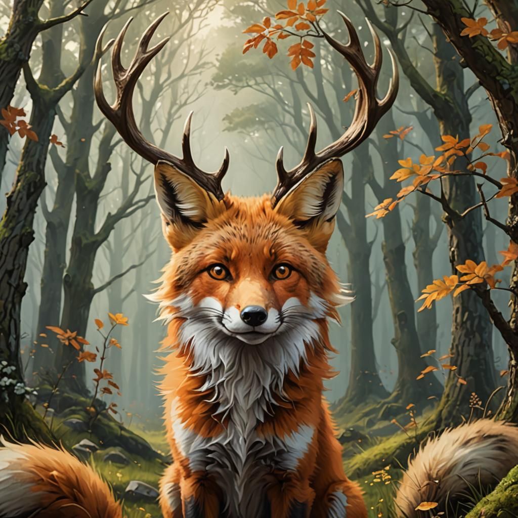 Whimsical Fox with Majestic Antlers