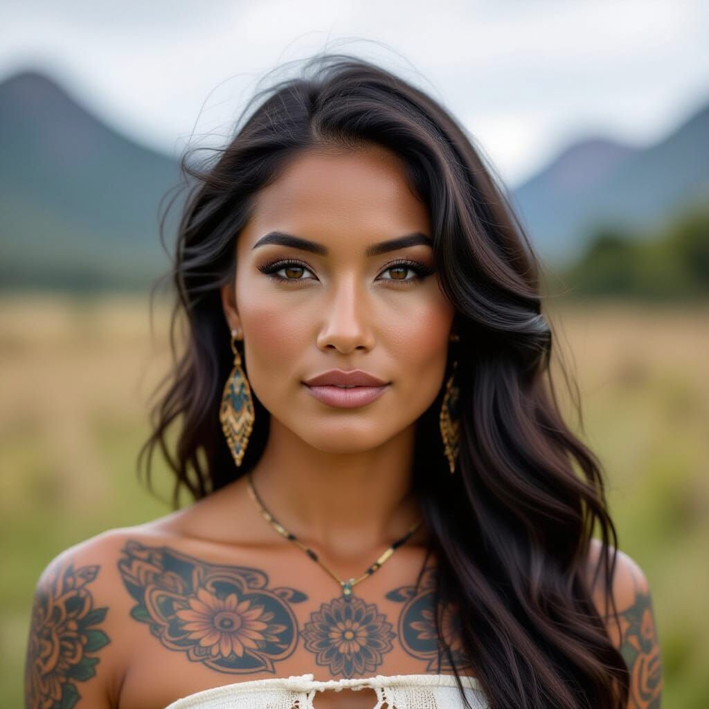 Tattooed Black Maori Woman Portrait in Traditional Style