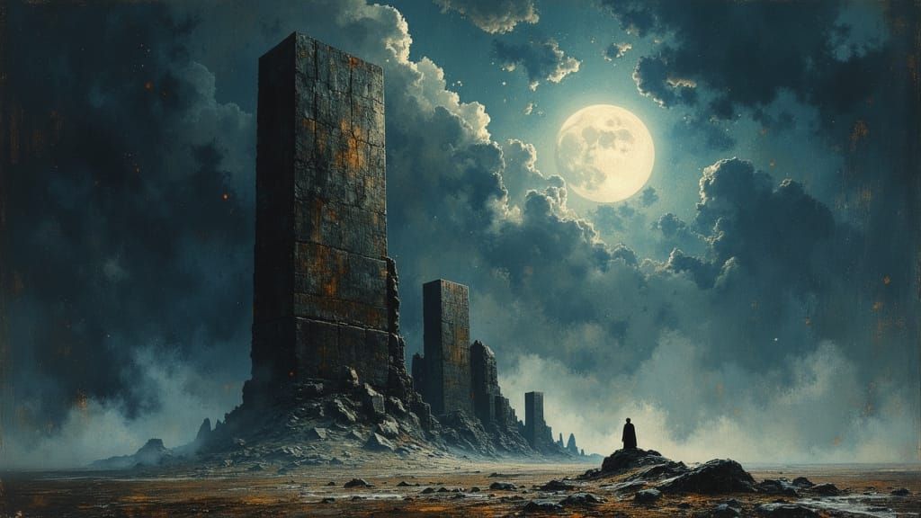 Colossal Monolith Under Full Moon in Dark Fantasy Style