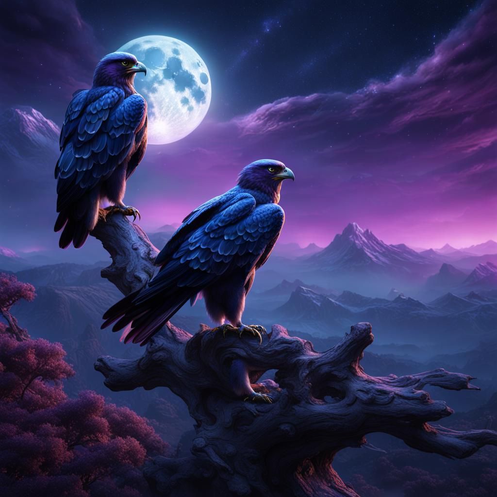 Two Hawks Under a Full Moon in Fantasy Art
