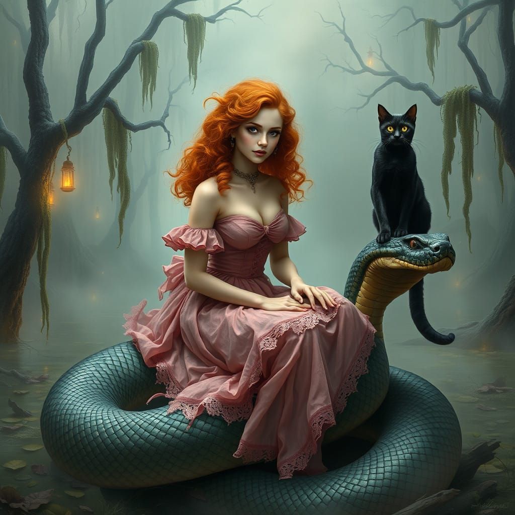 Mystical Witch Enchants Swamp with Snake and Black Cat