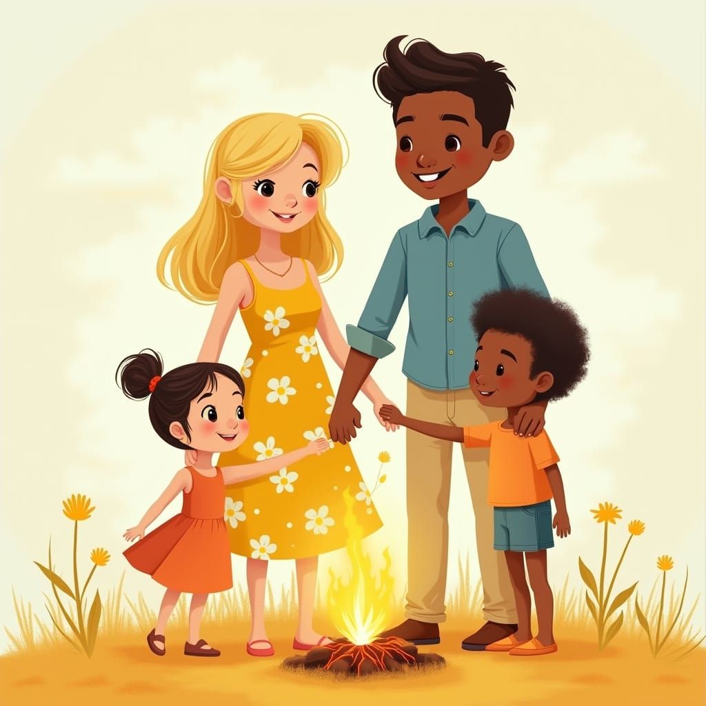 Loving Family in Whimsical Children's Book Style