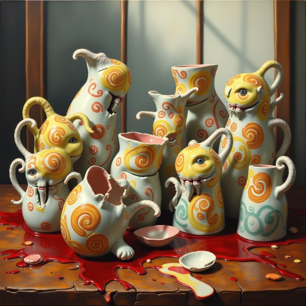 Smiling Teacups on Wooden Table in Sunlight