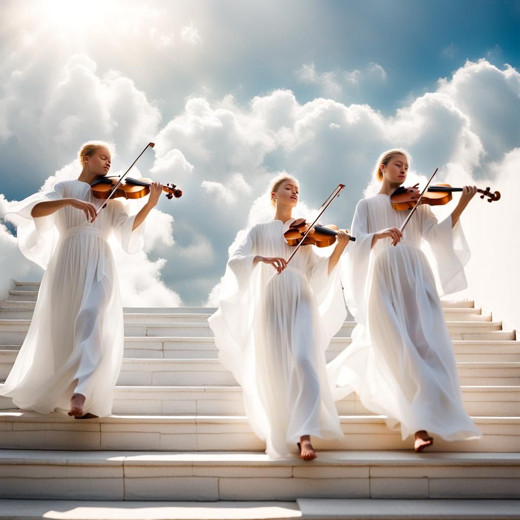 Angelic Musicians Descending on Cloud Stairs