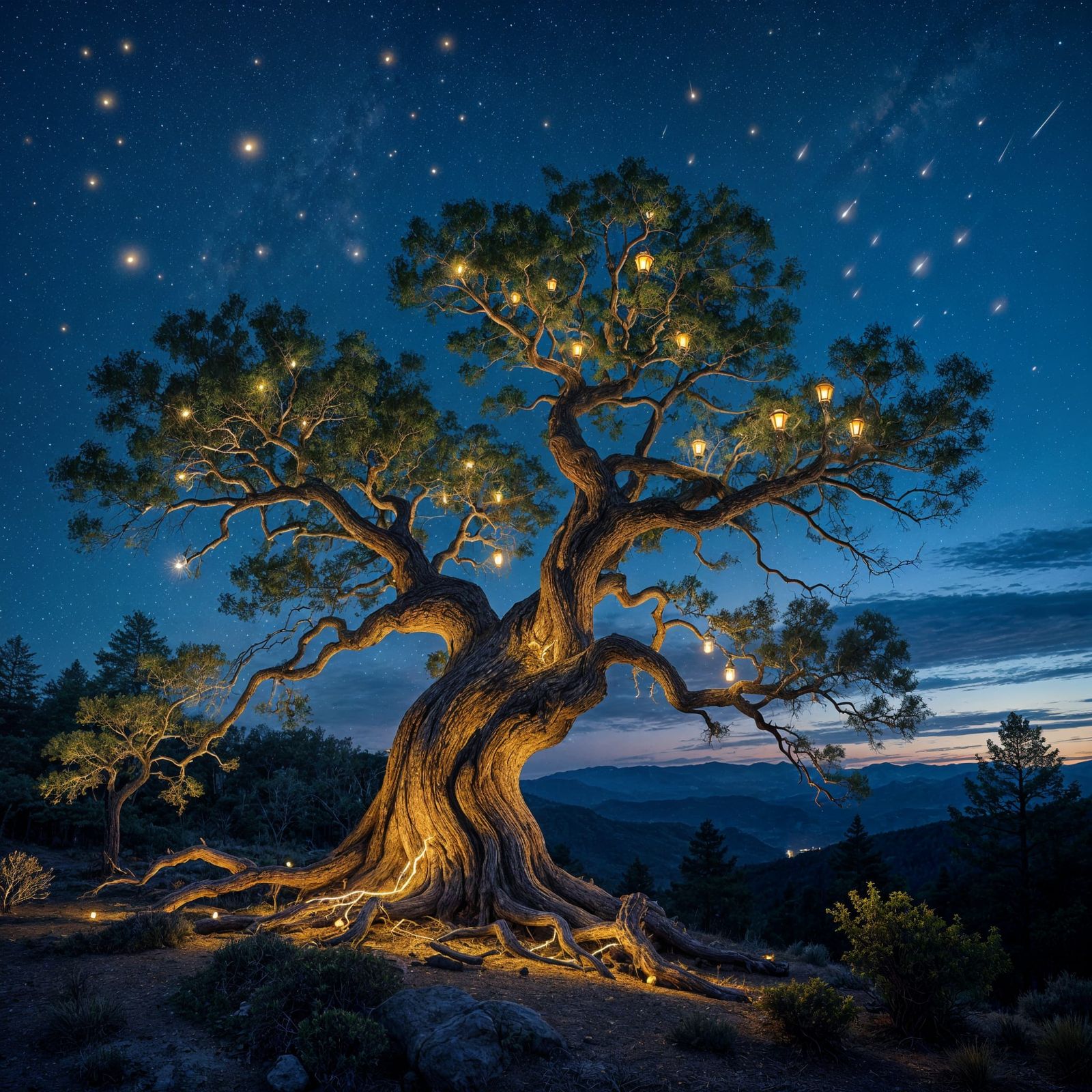 Bristlecone Pine Tree Aglow with Firefly Lanterns at Night