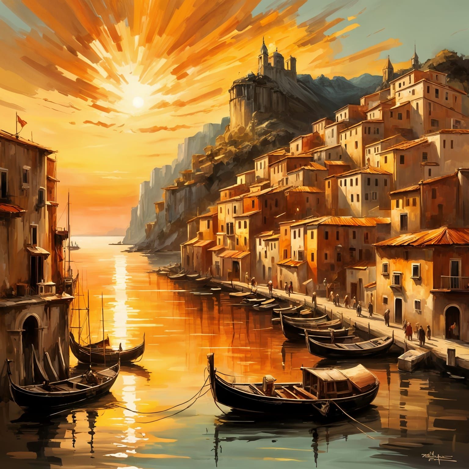 Dramatic Sunset Over Italian Bay as Impasto Painting