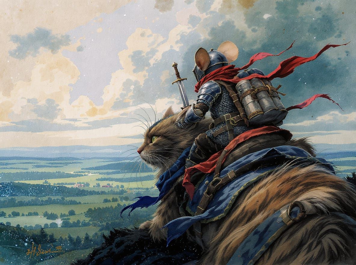 Mouse Knight on Cat Steed, Fantasy Adventure Scene