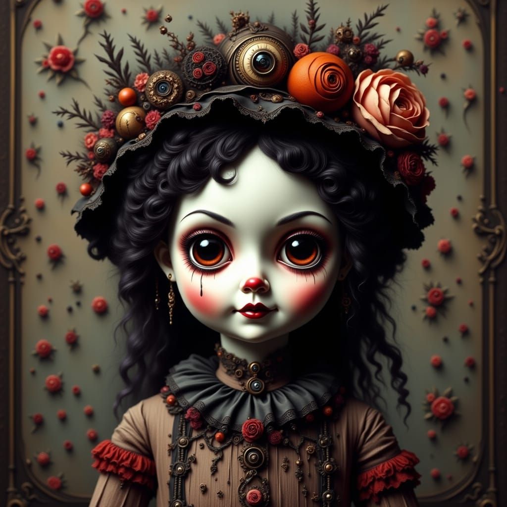 Haunting Victorian Porcelain Doll Clown in Gothic Style