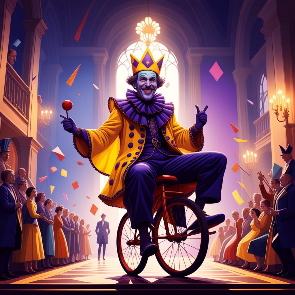 Vibrant Harlequin Jester Riding Unicycle in Grand Throne Roo...