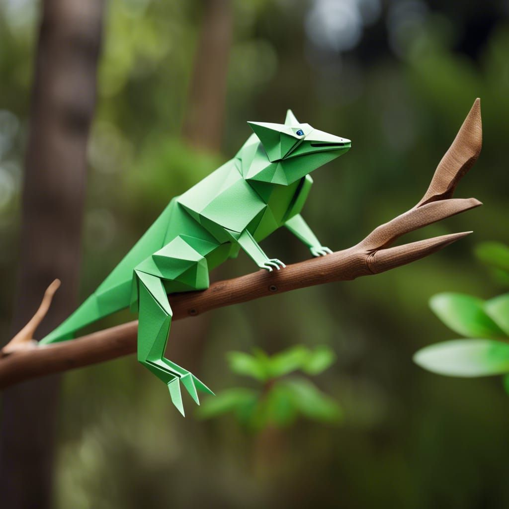 Origami Chameleon on Branch Papercraft
