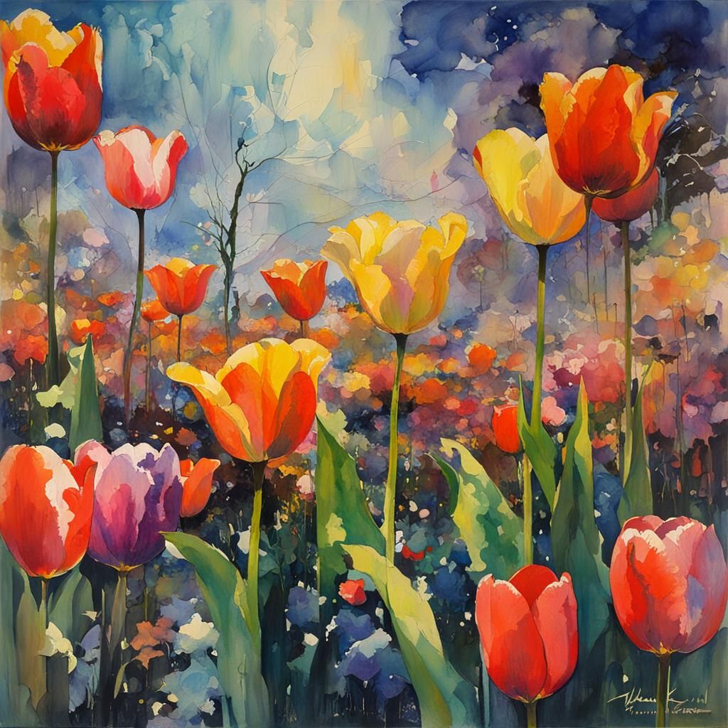 Tulips in Watercolor Landscape with Aurora