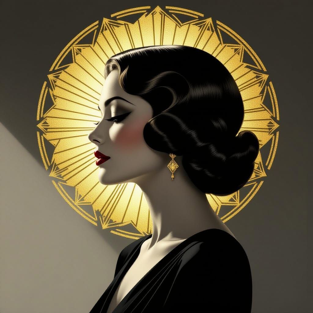 Art Deco Woman Portrait with Golden Geometric Halo