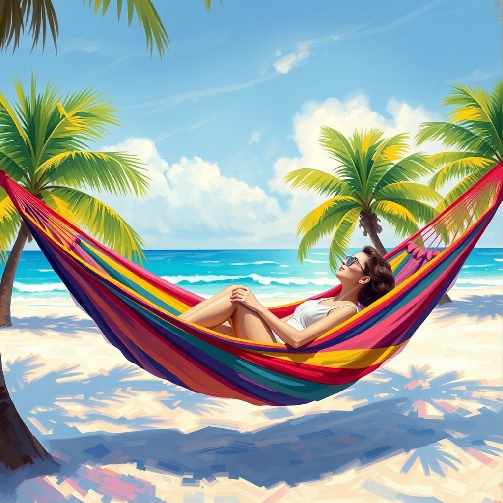 Woman Relaxing in Hammock, Impressionist Beach Scene