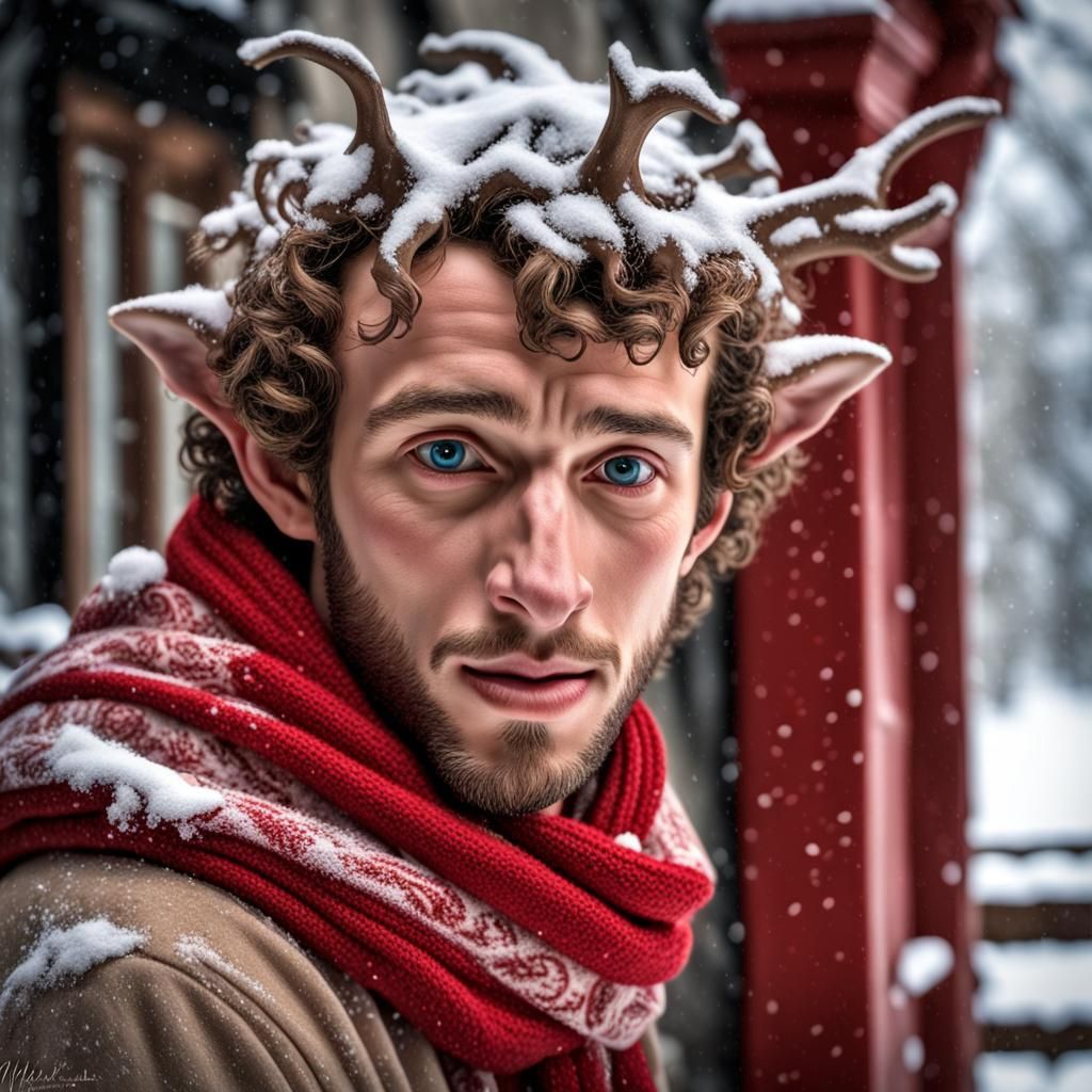 Hyperrealistic Fawn in Snow with Red Scarf