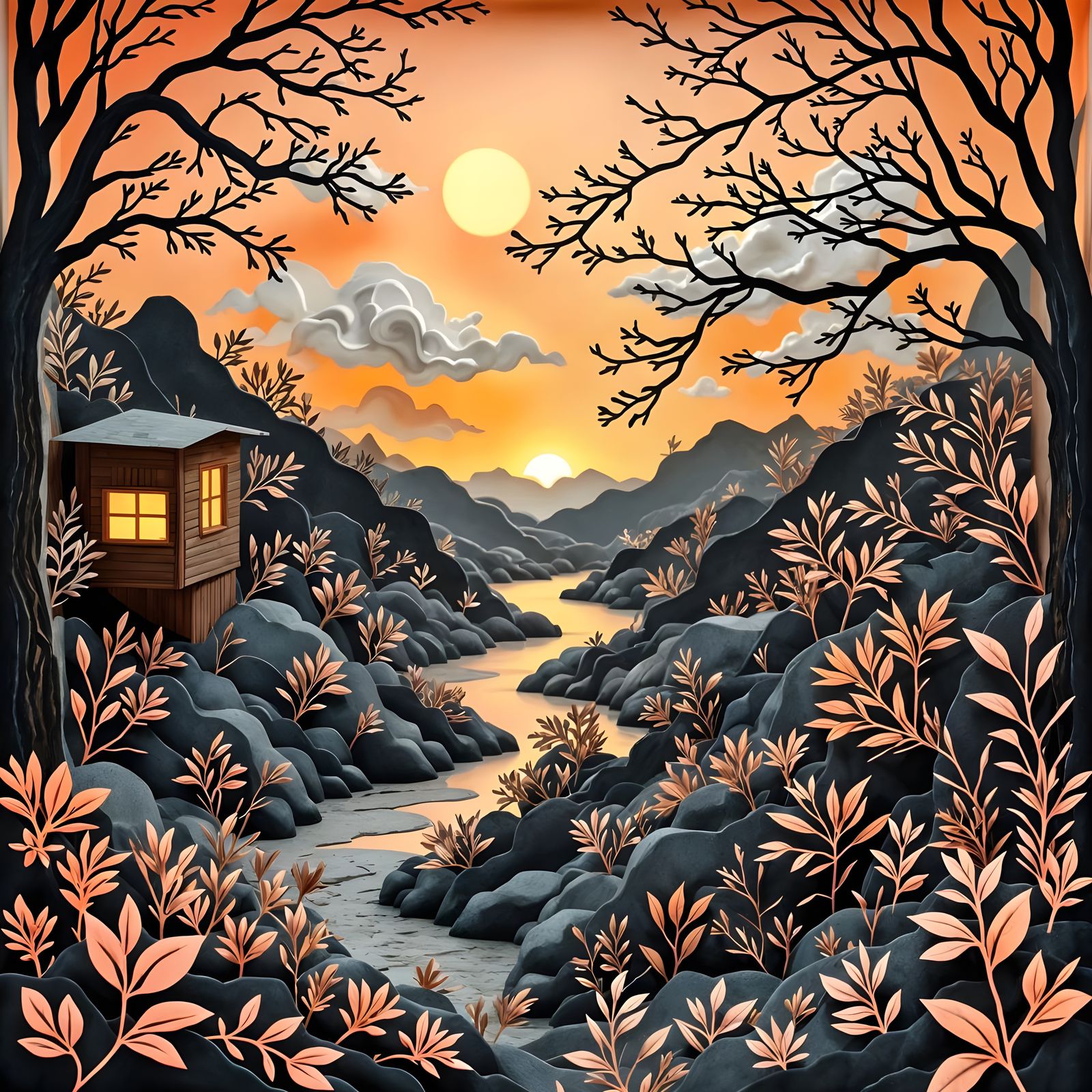 Escher-Inspired Illusion with Sunset Nature and Complimentar...