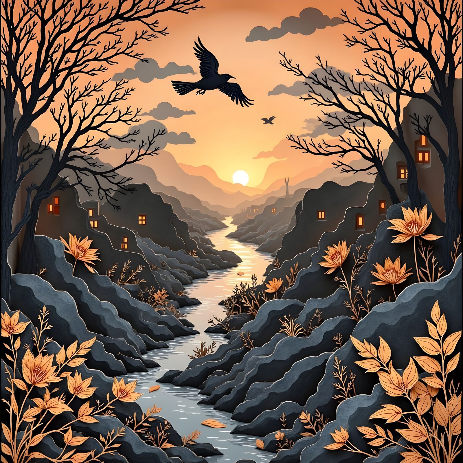Escher-Inspired Optical Illusion with Sunset Landscape