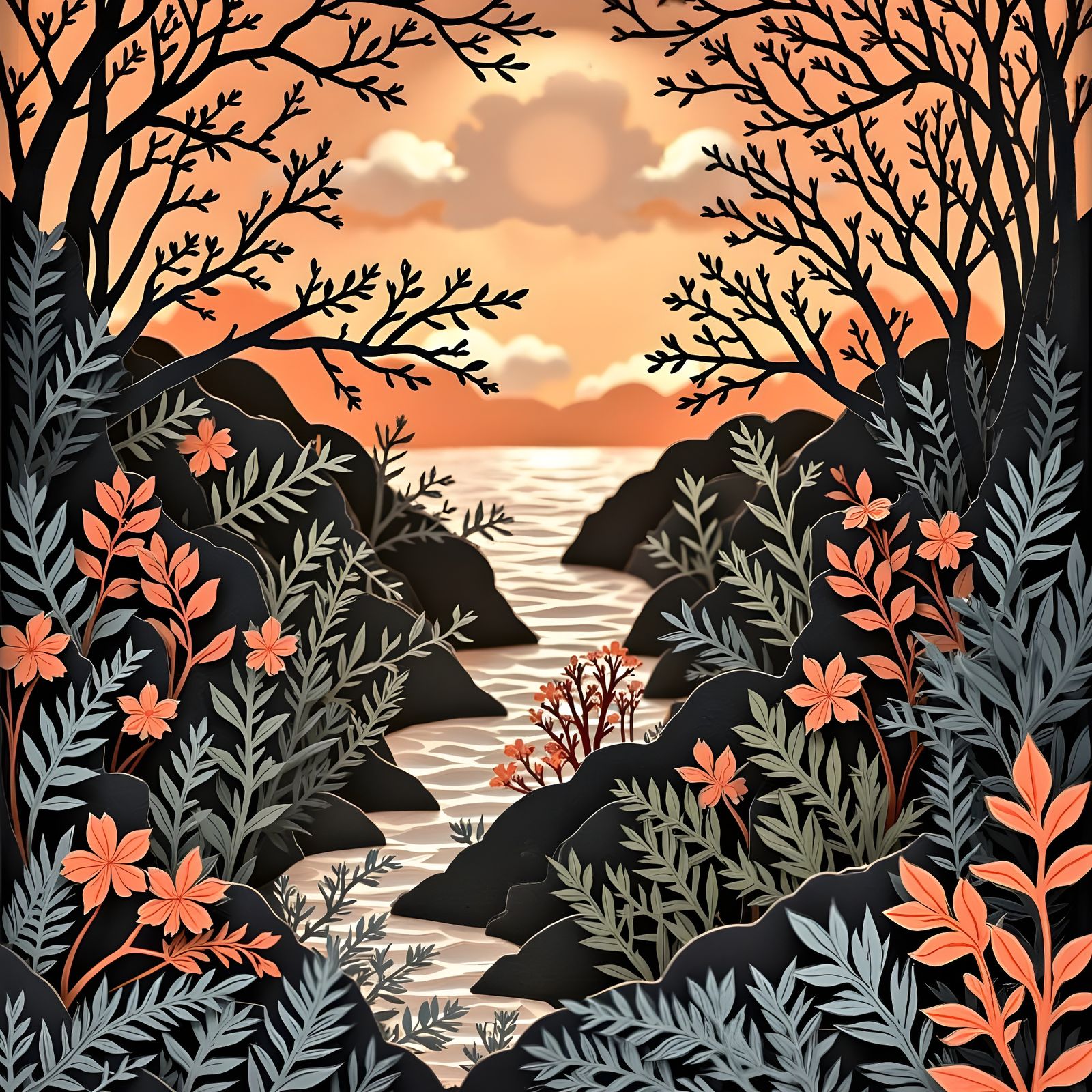 Escher-Inspired Sunset Illusion in Shadowbox Style