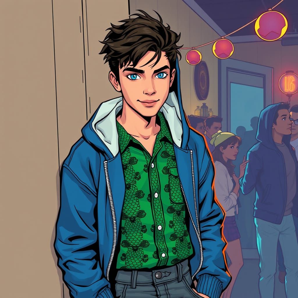 Teenage Boy in Blue Hooded Jacket with Green Shirt and Grey ...