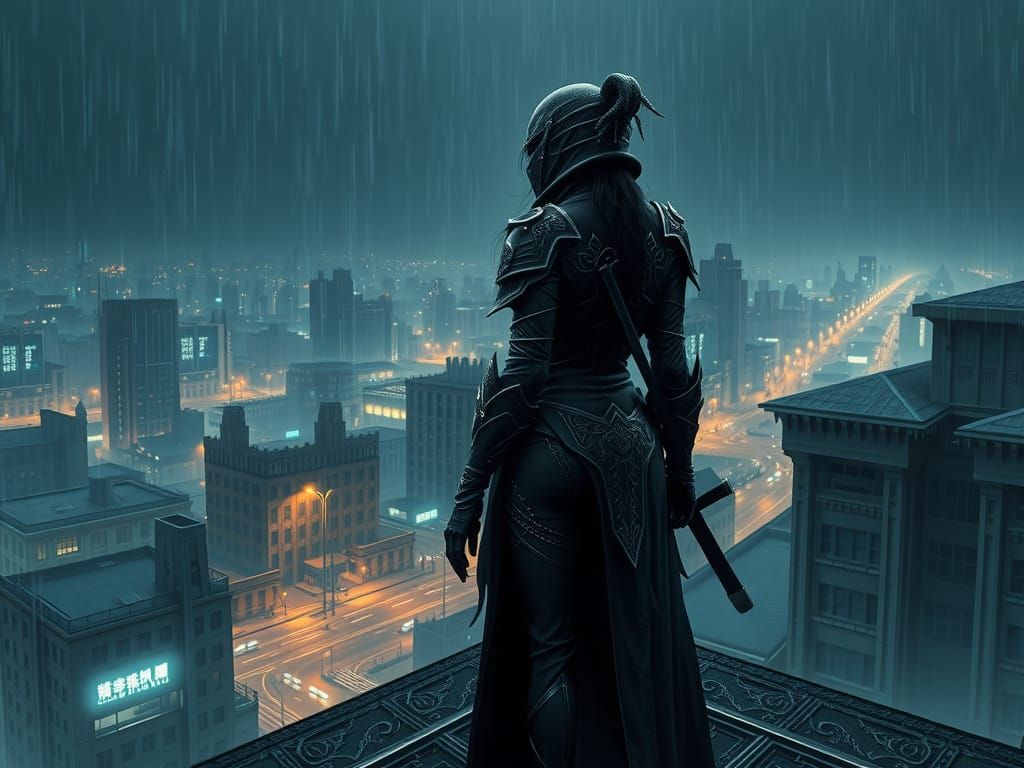 Shadowy Ninja Woman Overlooks Neon-Lit Brutalist Cityscape