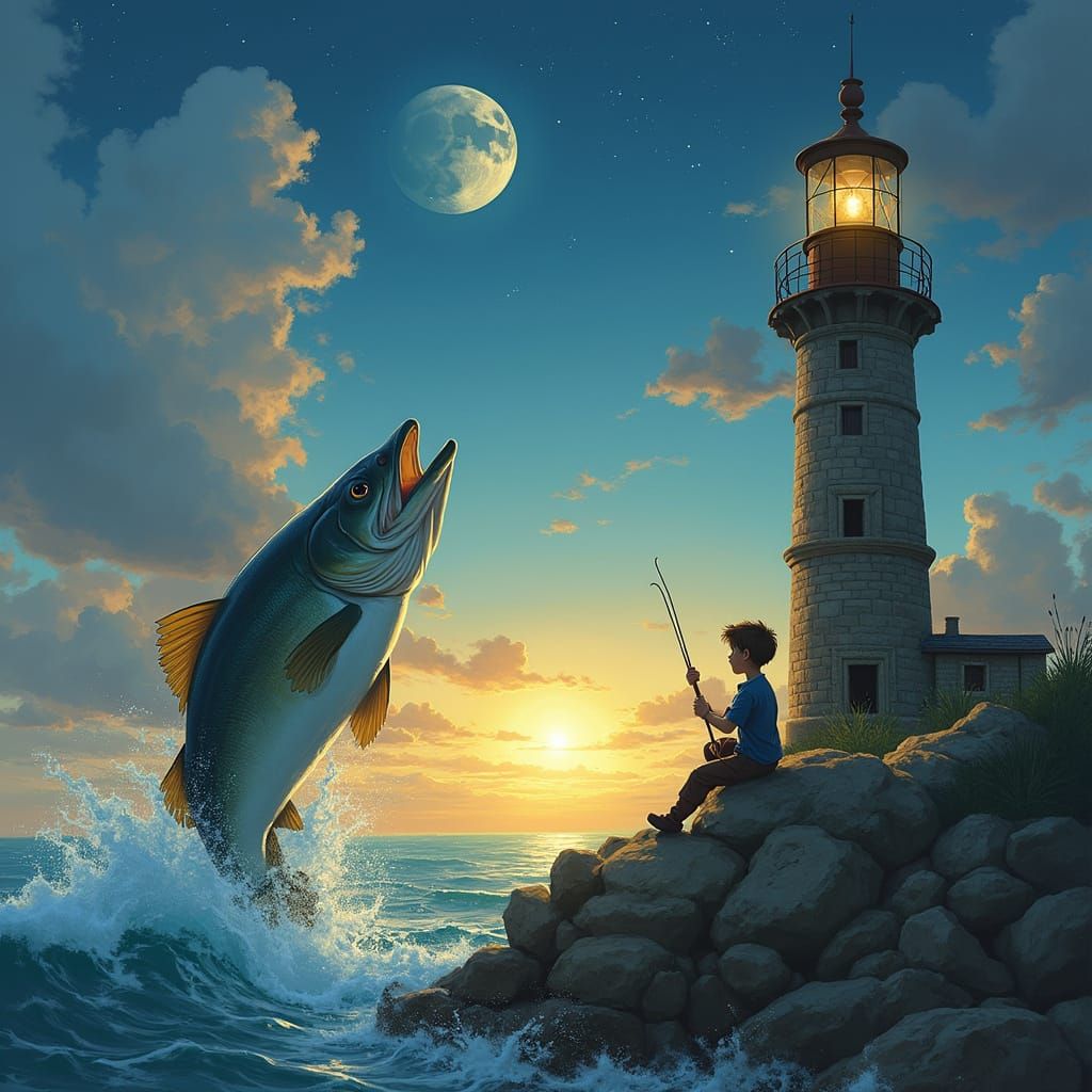 Boy and Grandpa Battle Fish by Lighthouse at Sunrise