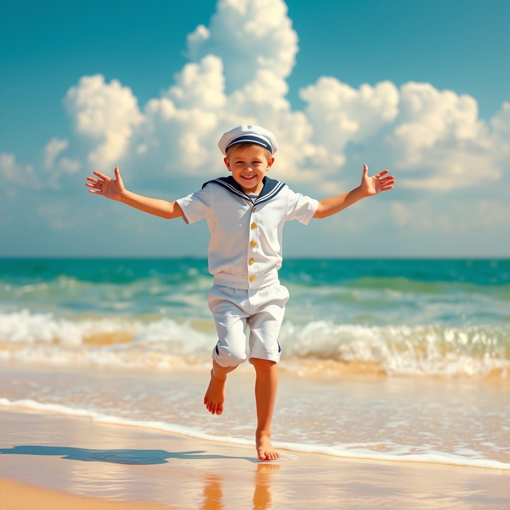 Young Sailor Boy Dances on Sun-Kissed Beach in Photorealisti...