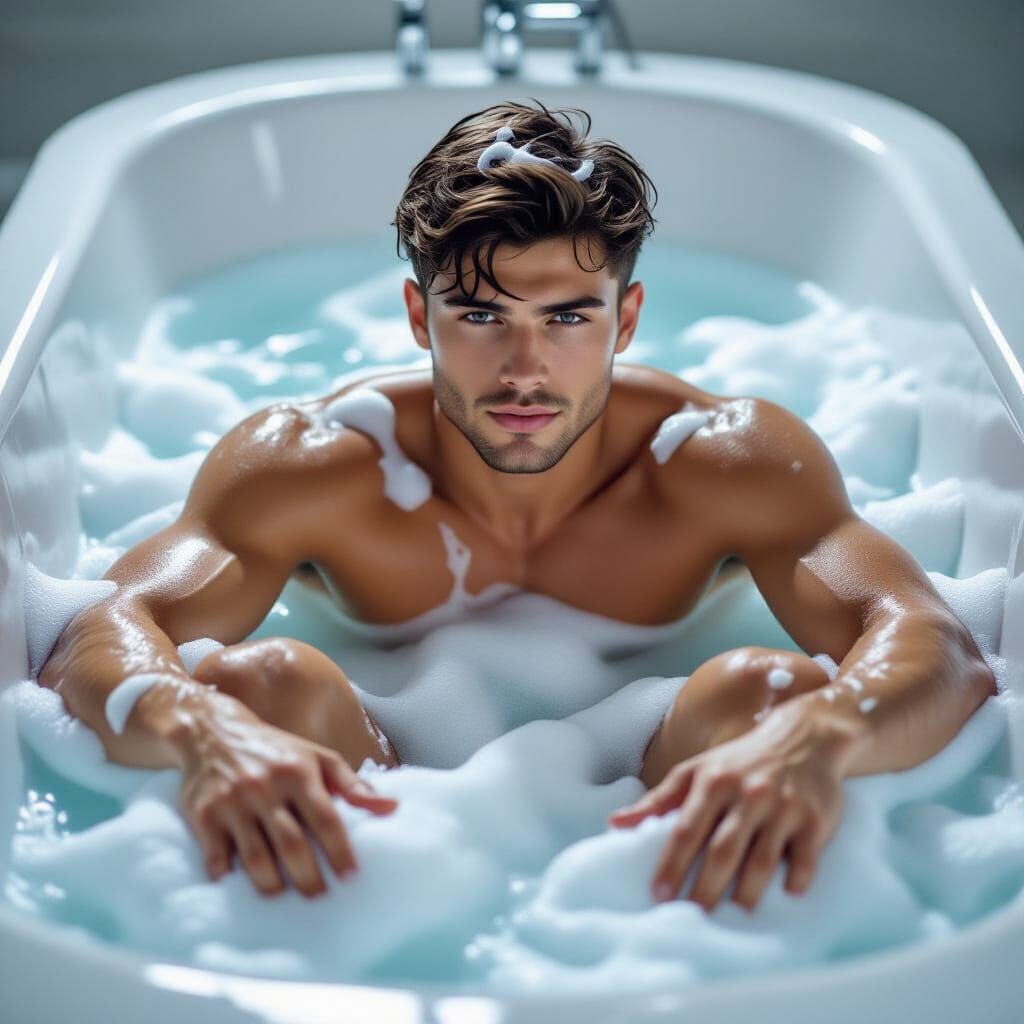Athletic Man Relaxing in Bathtub with Foam