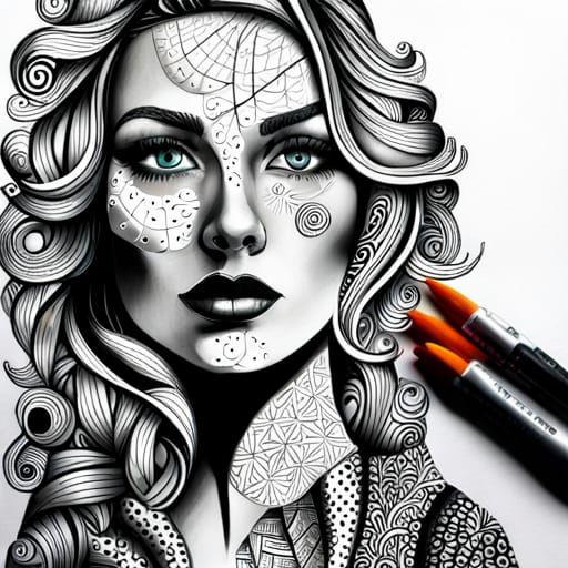 Monochrome Zentangle Portrait with Gouache Details