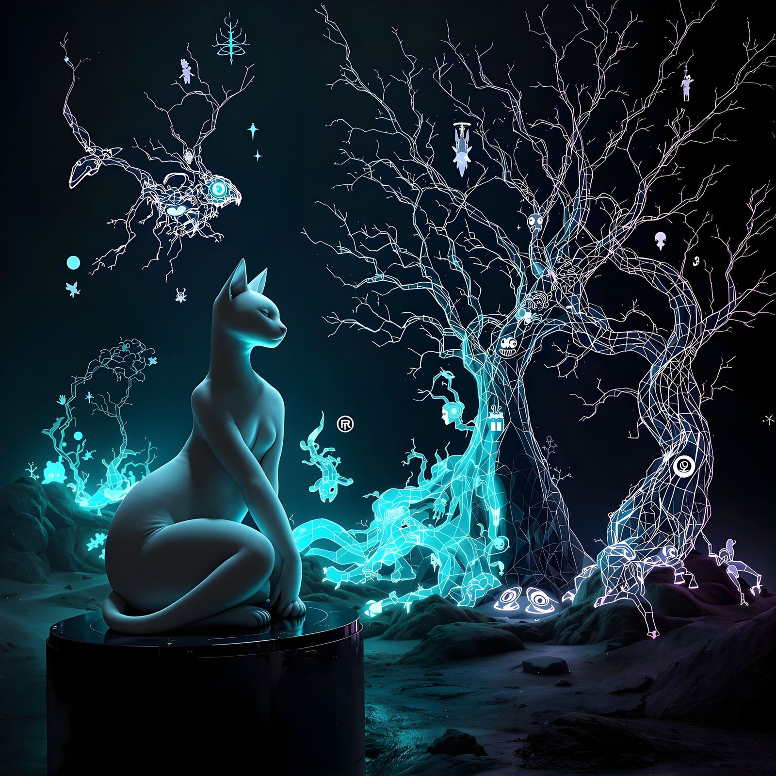 Surreal Forest with Biomorphic Trees and Feline Sculpture in...