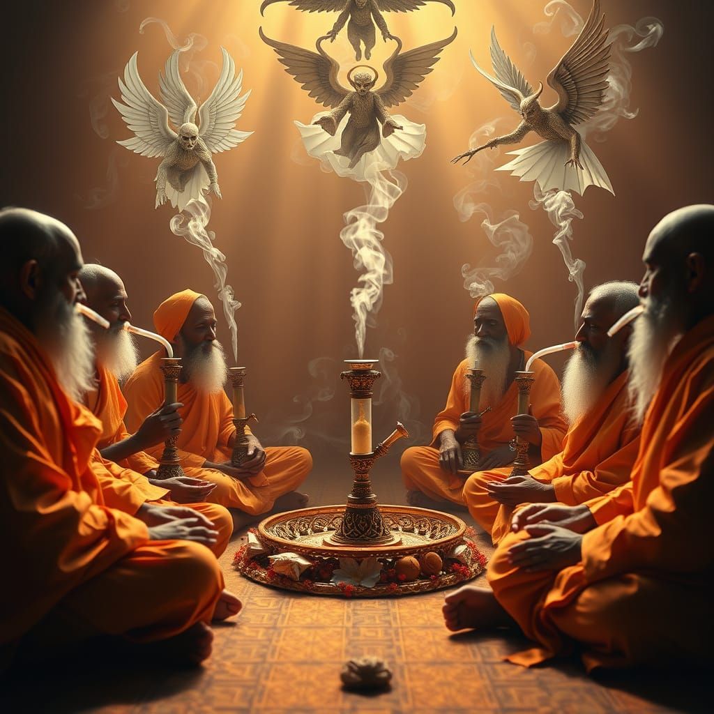 Mystical Sadhus in Golden Glow with Angels and Demons