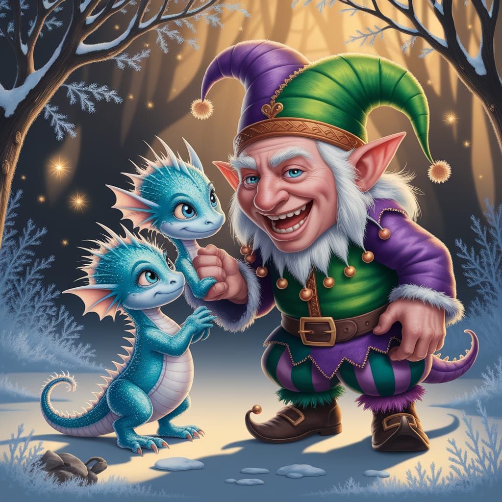 Winter Wonderland Scene with Frosty Dragons and Jester