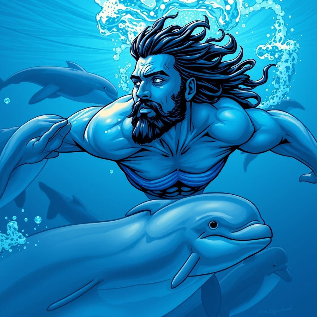 Blue Avatar Swims with Dolphins in Comic Book Art Style
