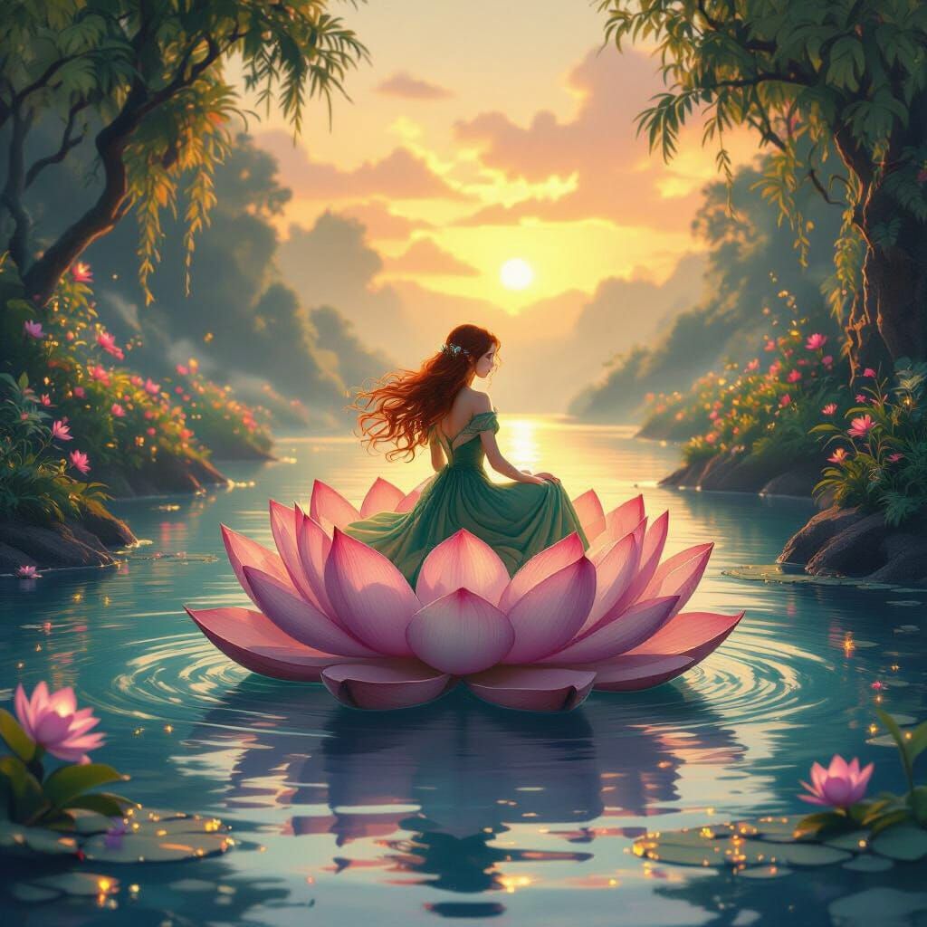 Woman Rides Lotus Flower Down River at Dawn