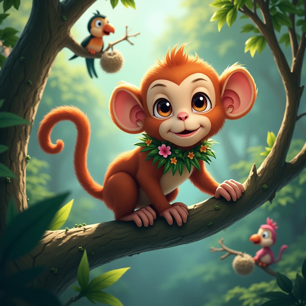 Anime Monkey Milo Helping Birds in Lush Jungle